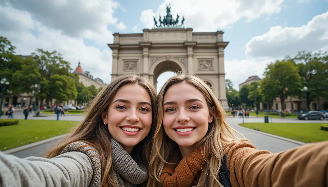 Two smiling women taking a cheerful selfie in the city