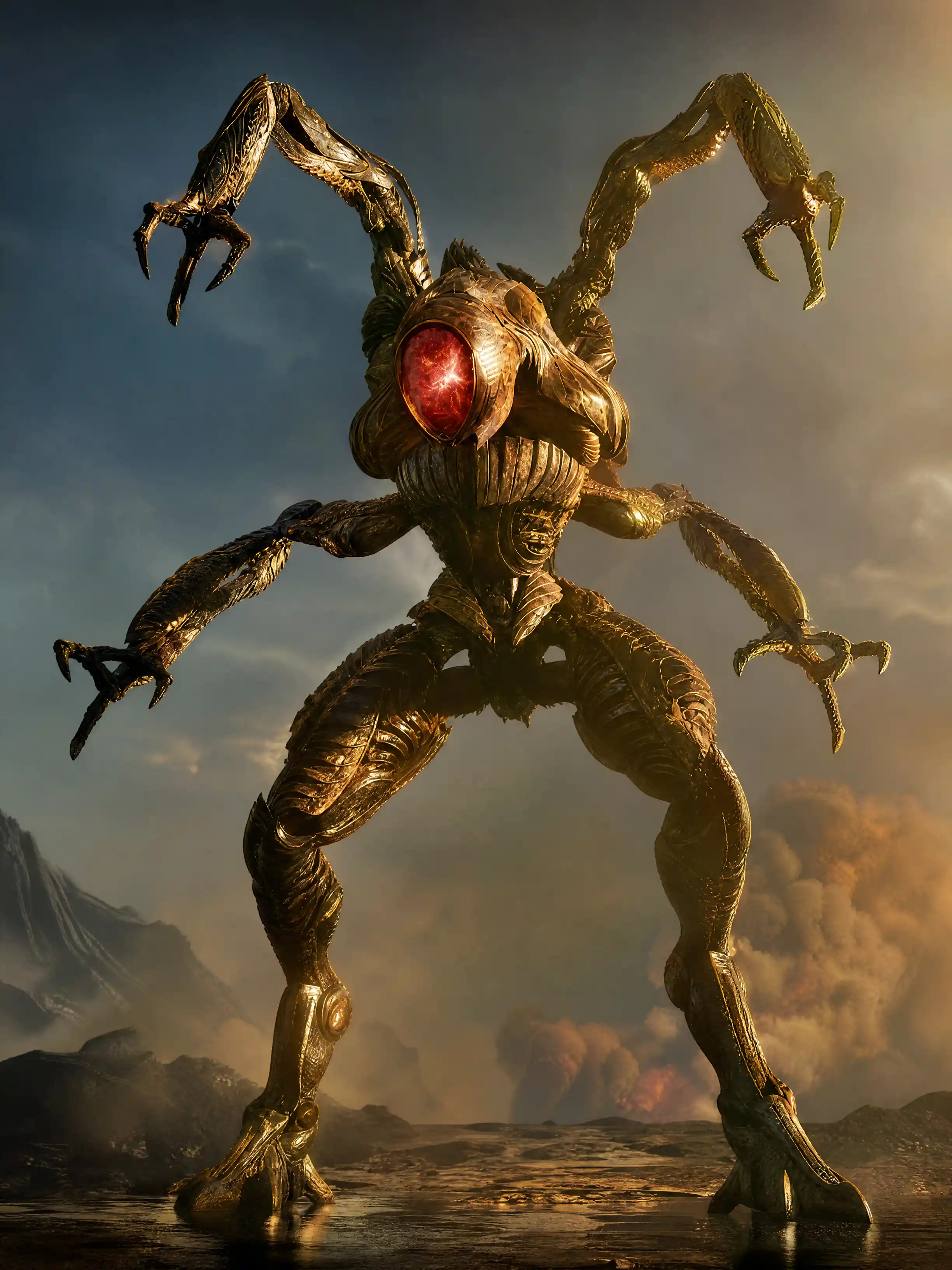 Menacing four armed battle robot in epic fantasy style