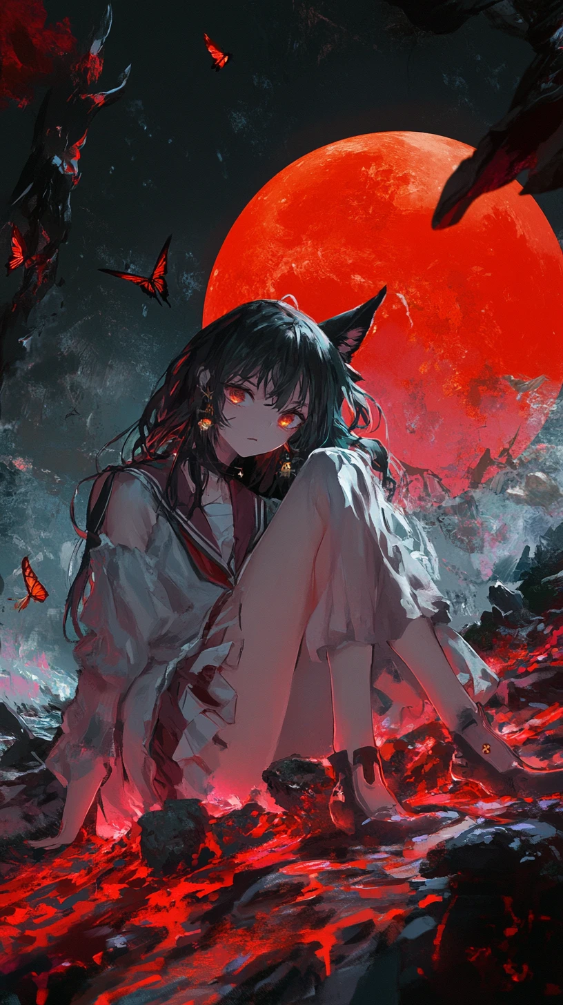 Anime girl lying in lava under a dark red sky