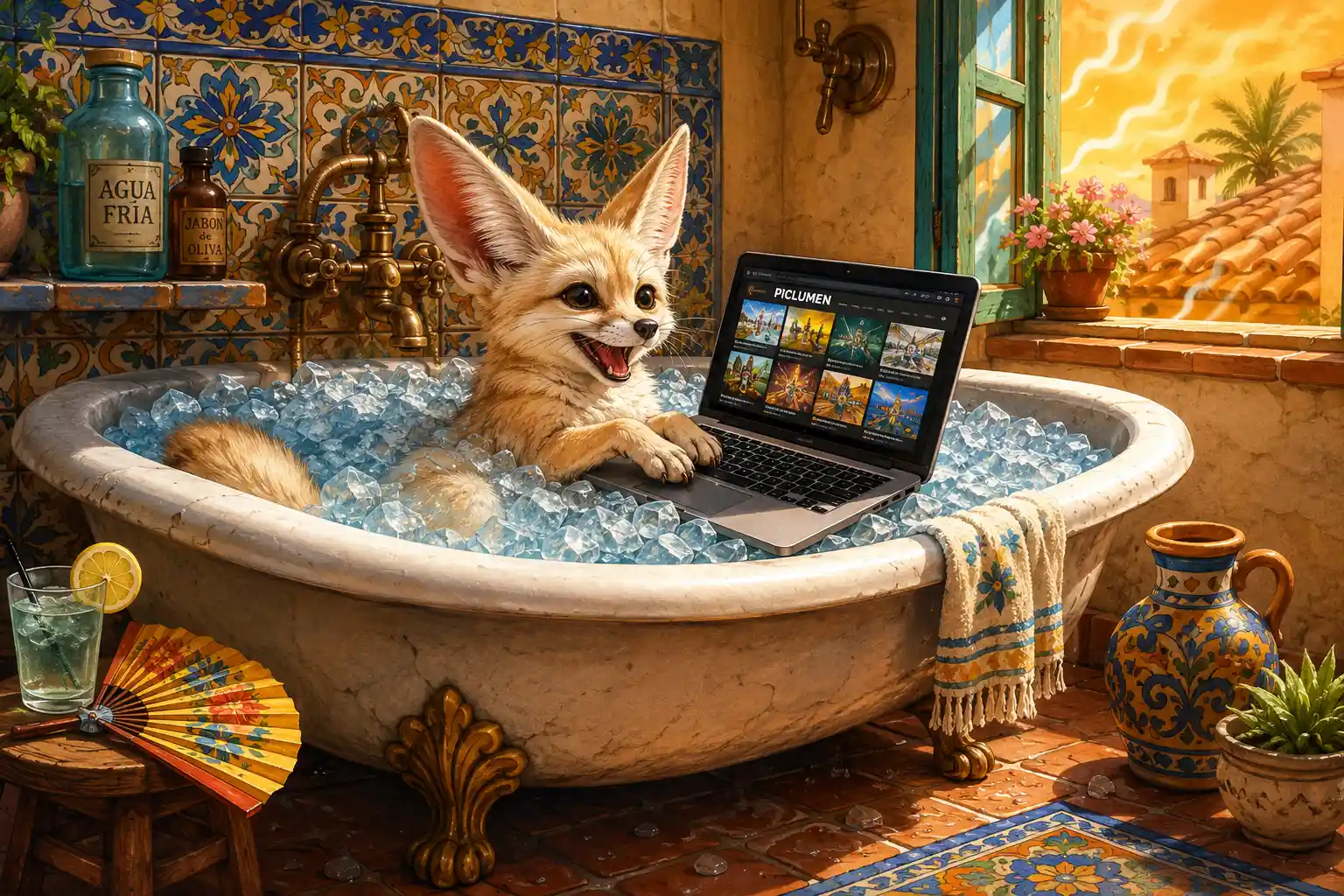 Zorro fénec de caricatura relajándose en un baño de hielo con portátil