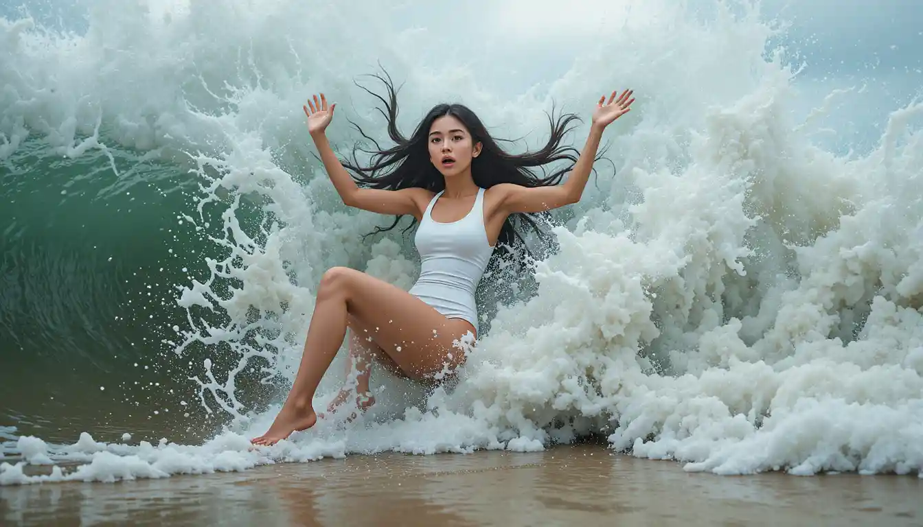 Young woman falling in a wave at the ocean shore