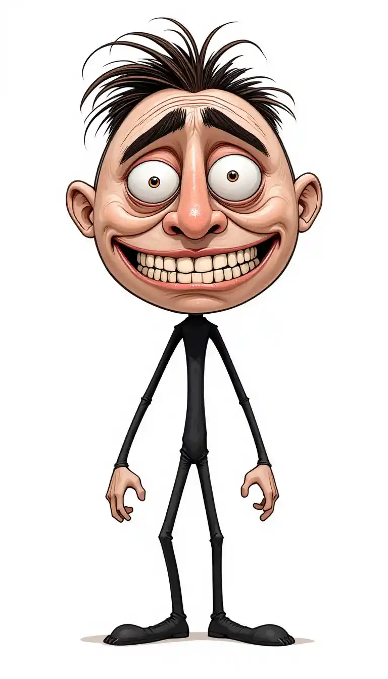 Goofy stick figure mascot with huge asymmetrical cartoon head