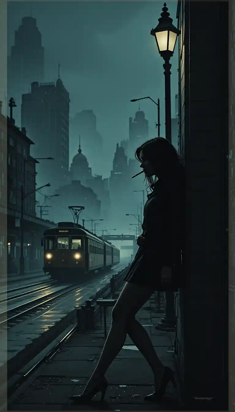 Donna di città noir che fuma sotto un lampione solitario
