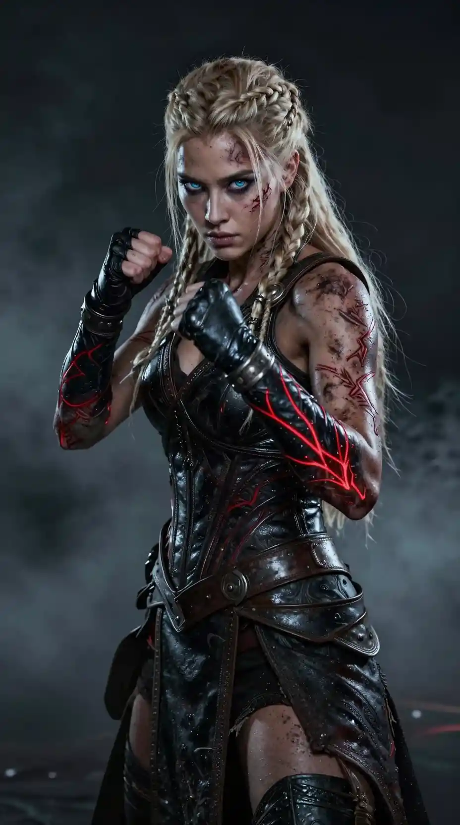 Battle scarred fantasy warrior woman in smoky darkness
