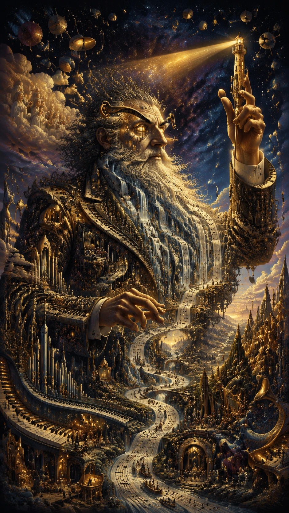 Celestial conductor raising a glowing lighthouse baton