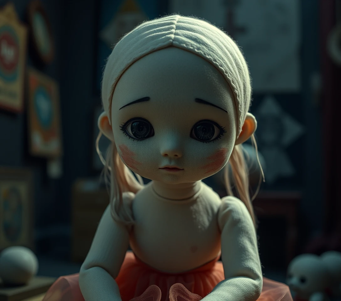 Melancholic plush figure in a surreal dim interior