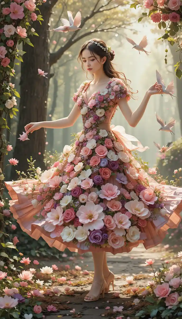 Young girl dancing in a dress made of pastel flowers