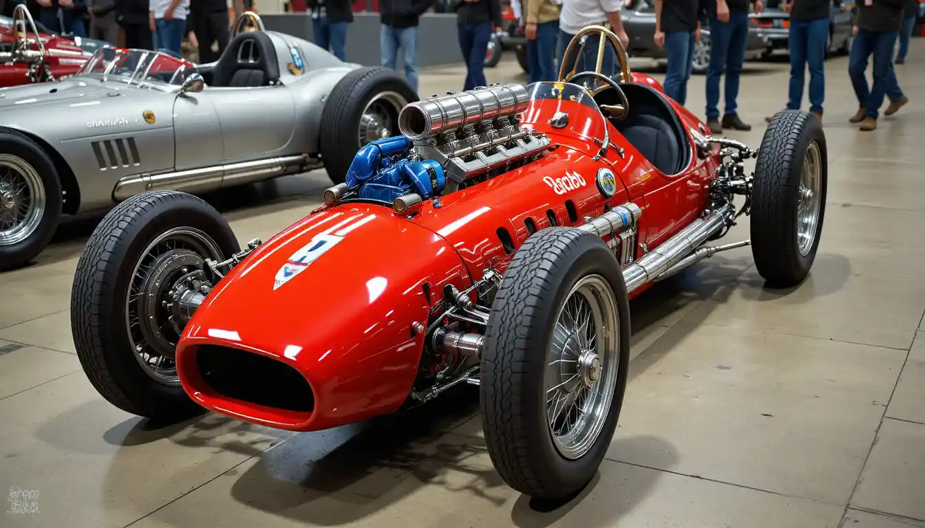 Vintage open wheel race car with exposed radial engine