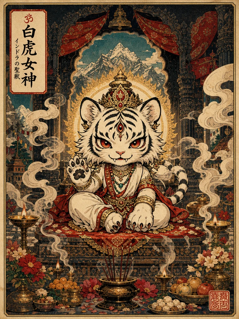 神聖寺廟祭壇上的Q版白虎神祇