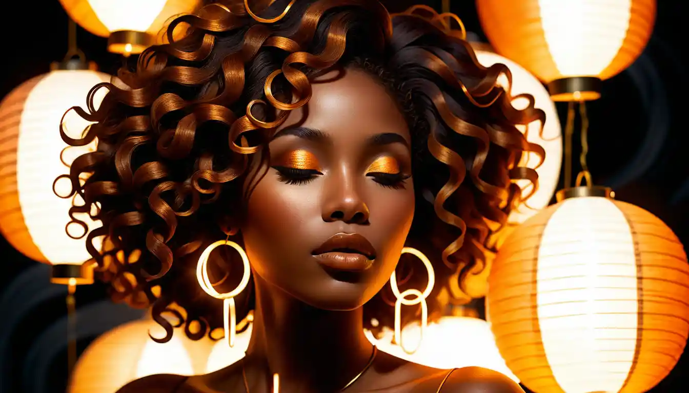 Serene portrait of a black woman with glowing lanterns