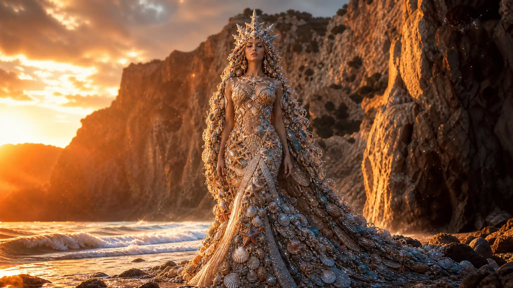Shell goddess standing by the sea at golden hour