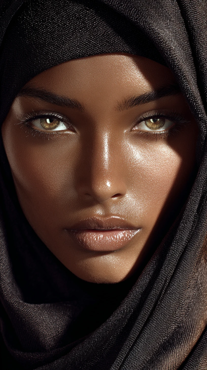 Portrait of a young woman in dark headscarf close up