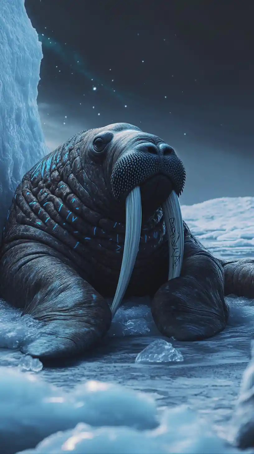 Walrus Resting Against Iceberg Under Faint Polar Twilight