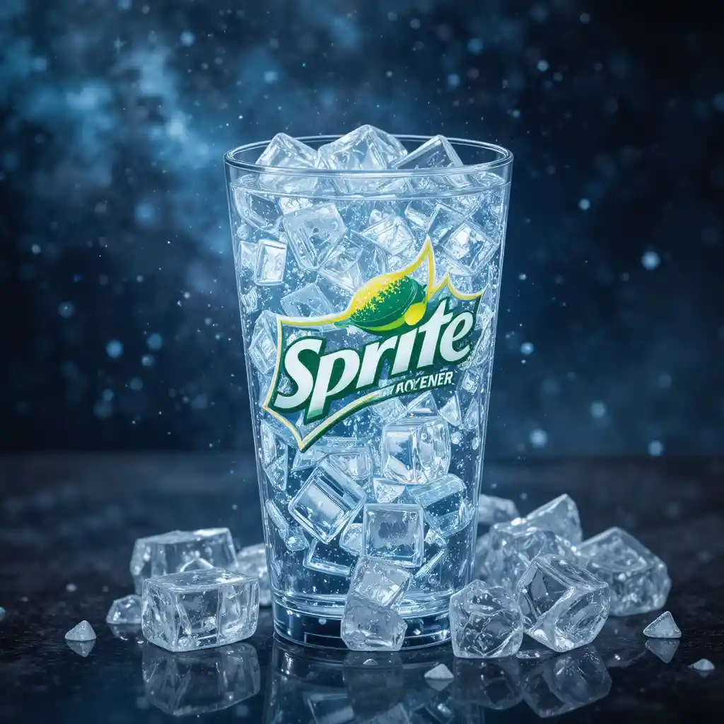 Clear soda with ice in a fancy cup floating in space