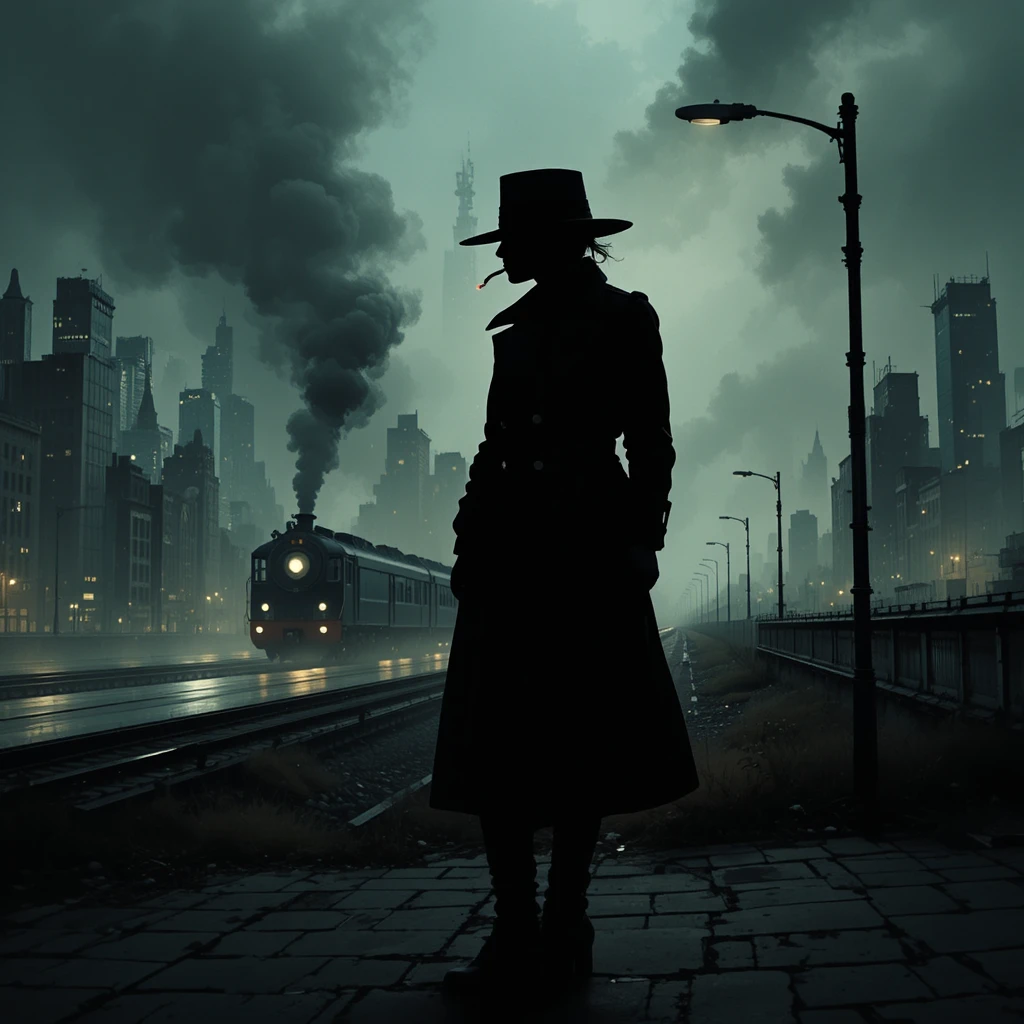 Trench coated detective under a lone streetlight in the city