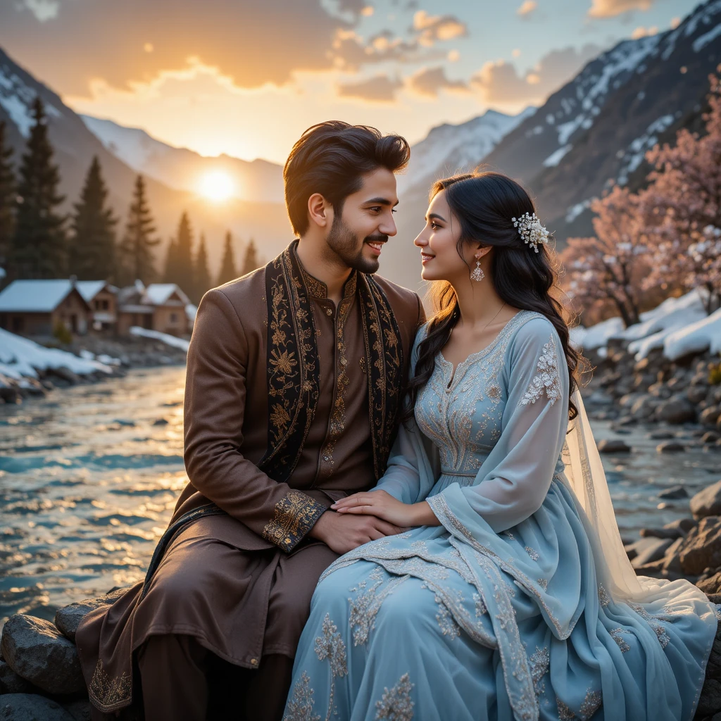 Pakistani couple by a mountain river at golden sunset