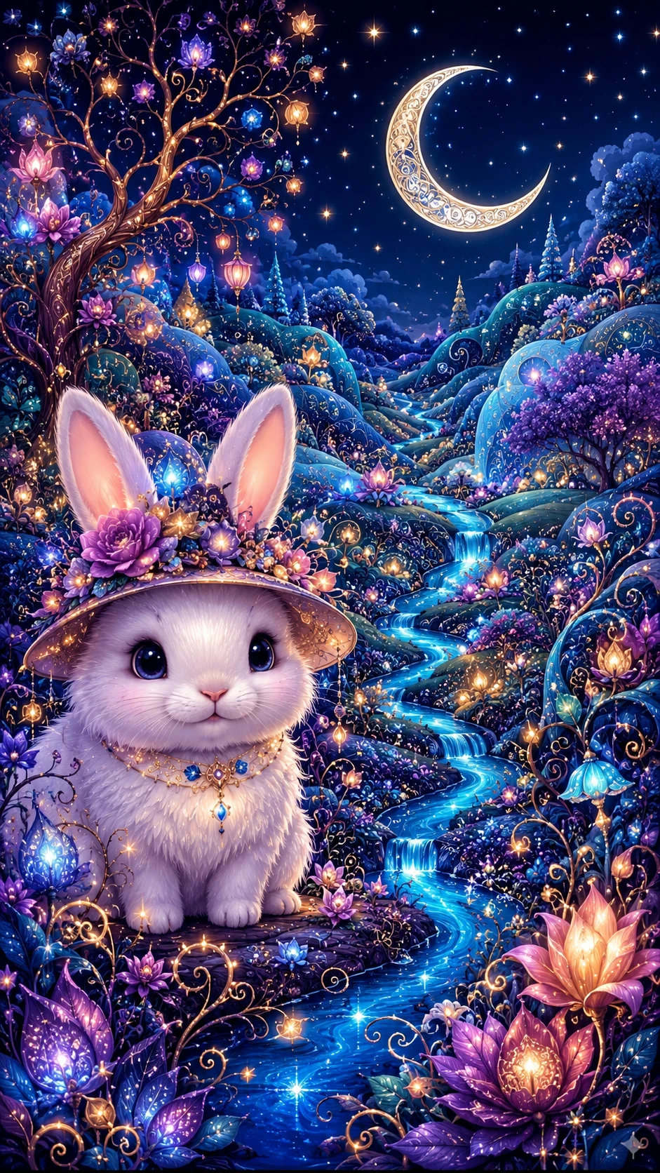 Fluffy White Rabbit In An Enchanted Moonlit Fantasy Garden
