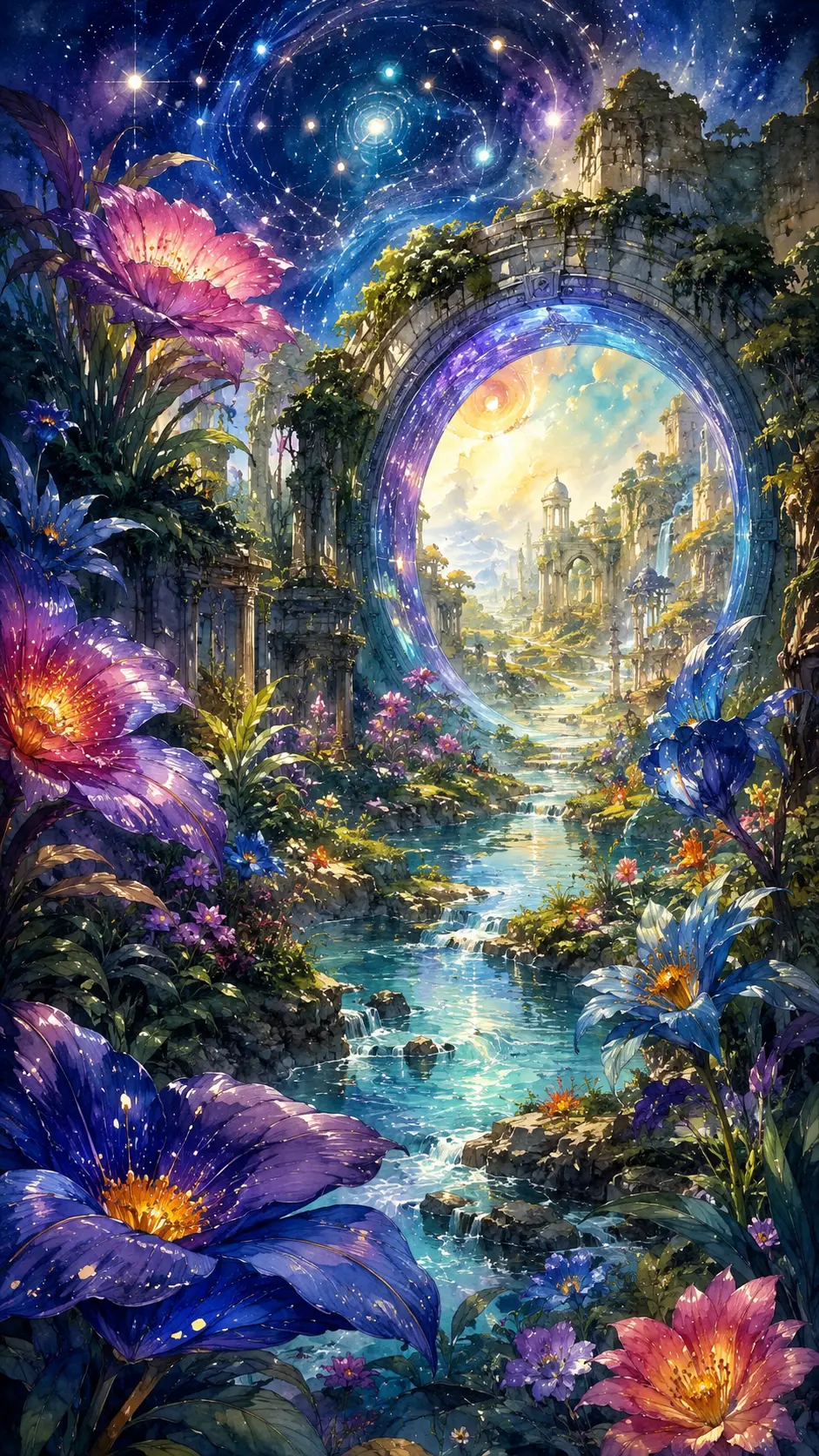 Ancient magical garden with alien plants and glowing portal