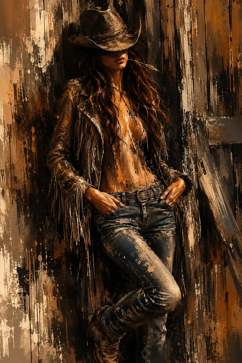 Cowgirl in shadow leaning against a rustic barn wall