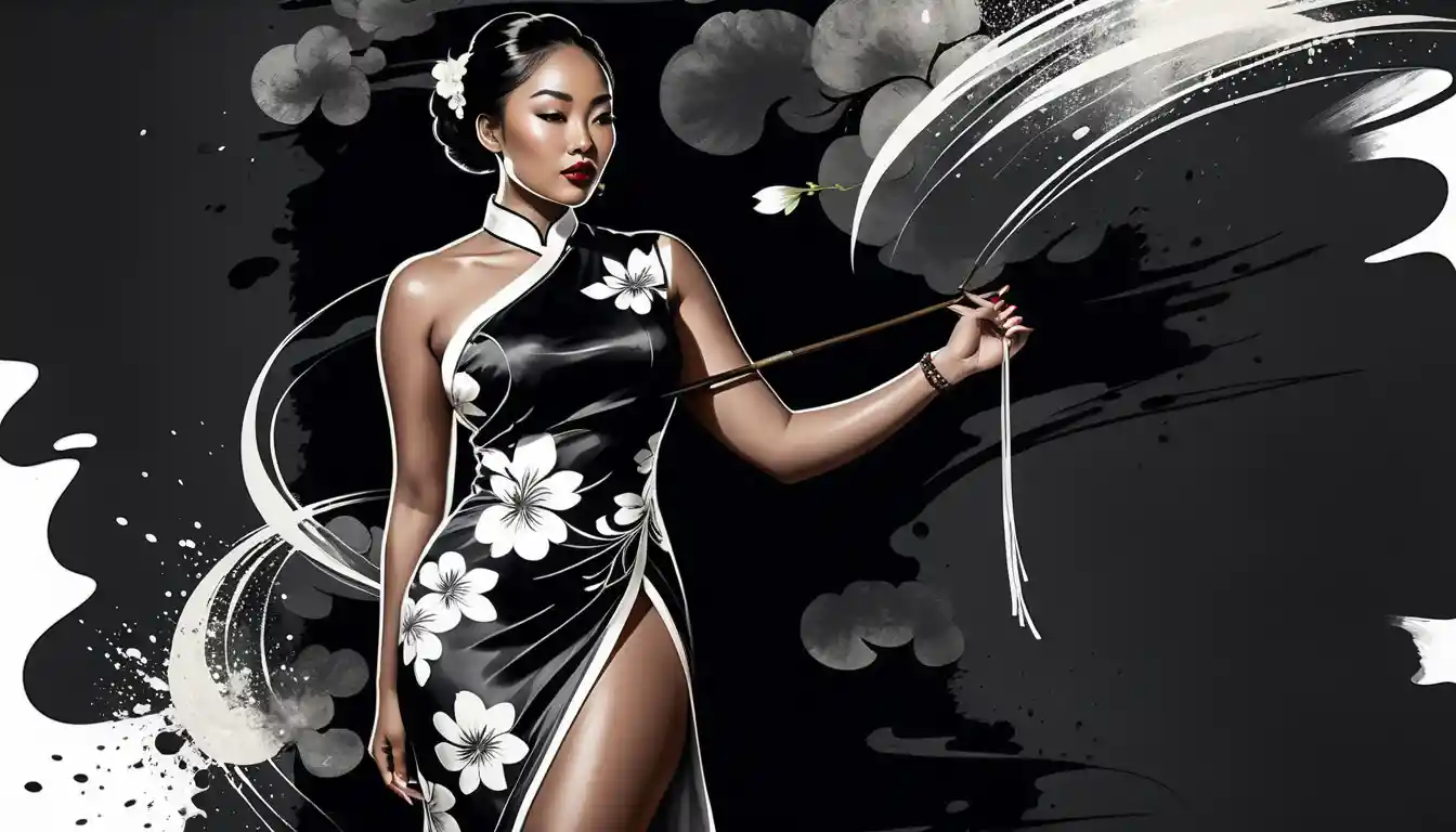 Curvy woman in silk qipao ink portrait on black background