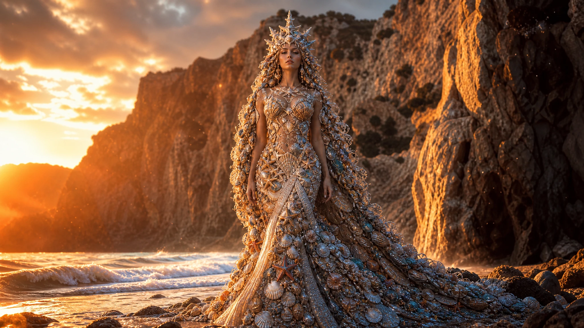 Shell goddess standing by the sea at golden hour