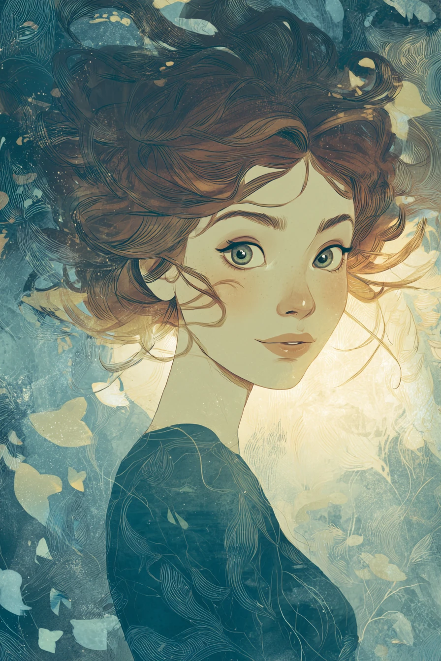 Mystical woman portrait in a dreamlike fantasy illustration