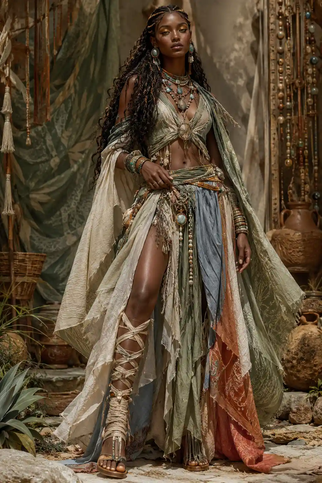 Elegant fashion illustration of a woman in earth toned couture