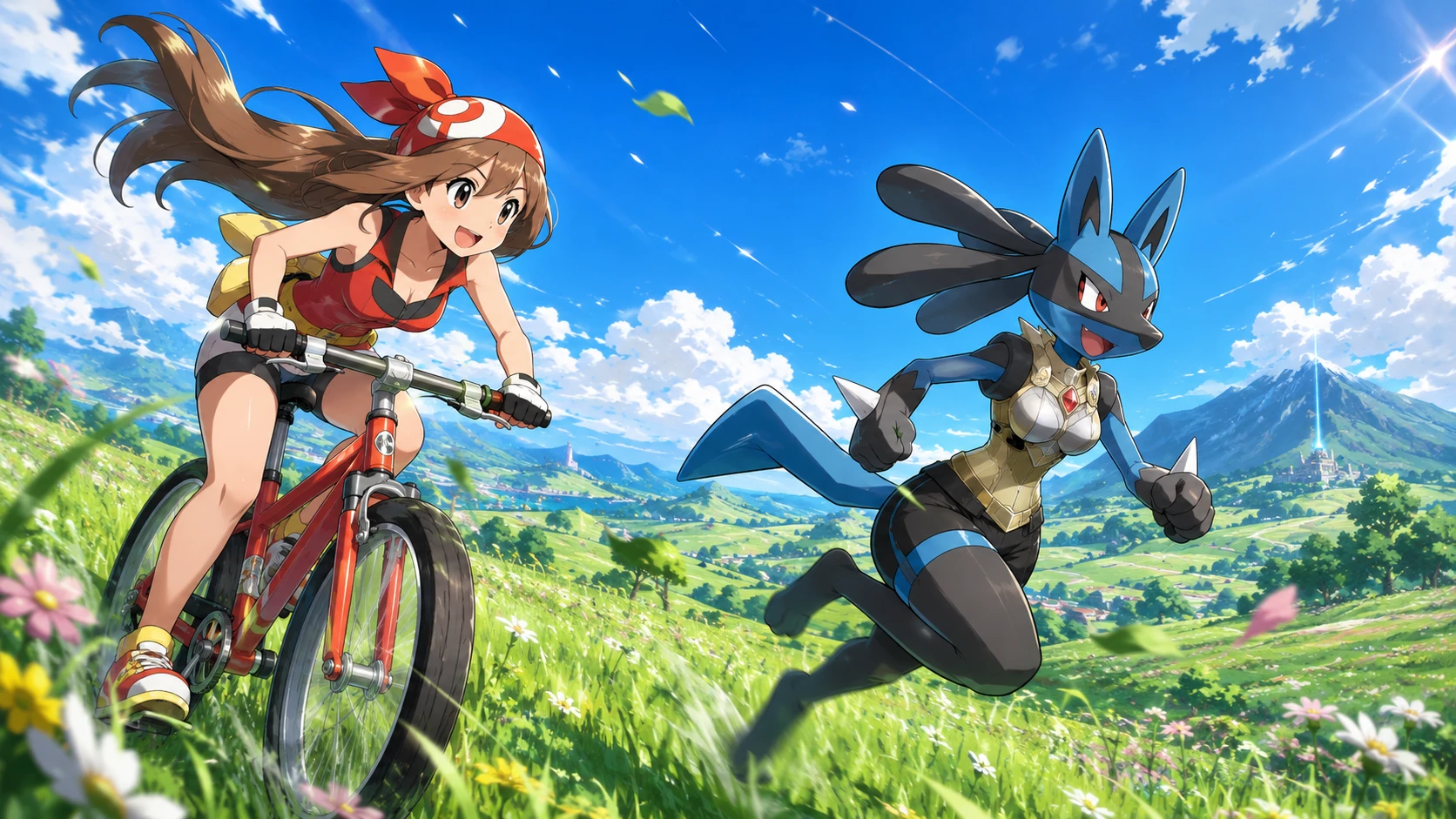Anime girl cycling fast across sunny green grasslands