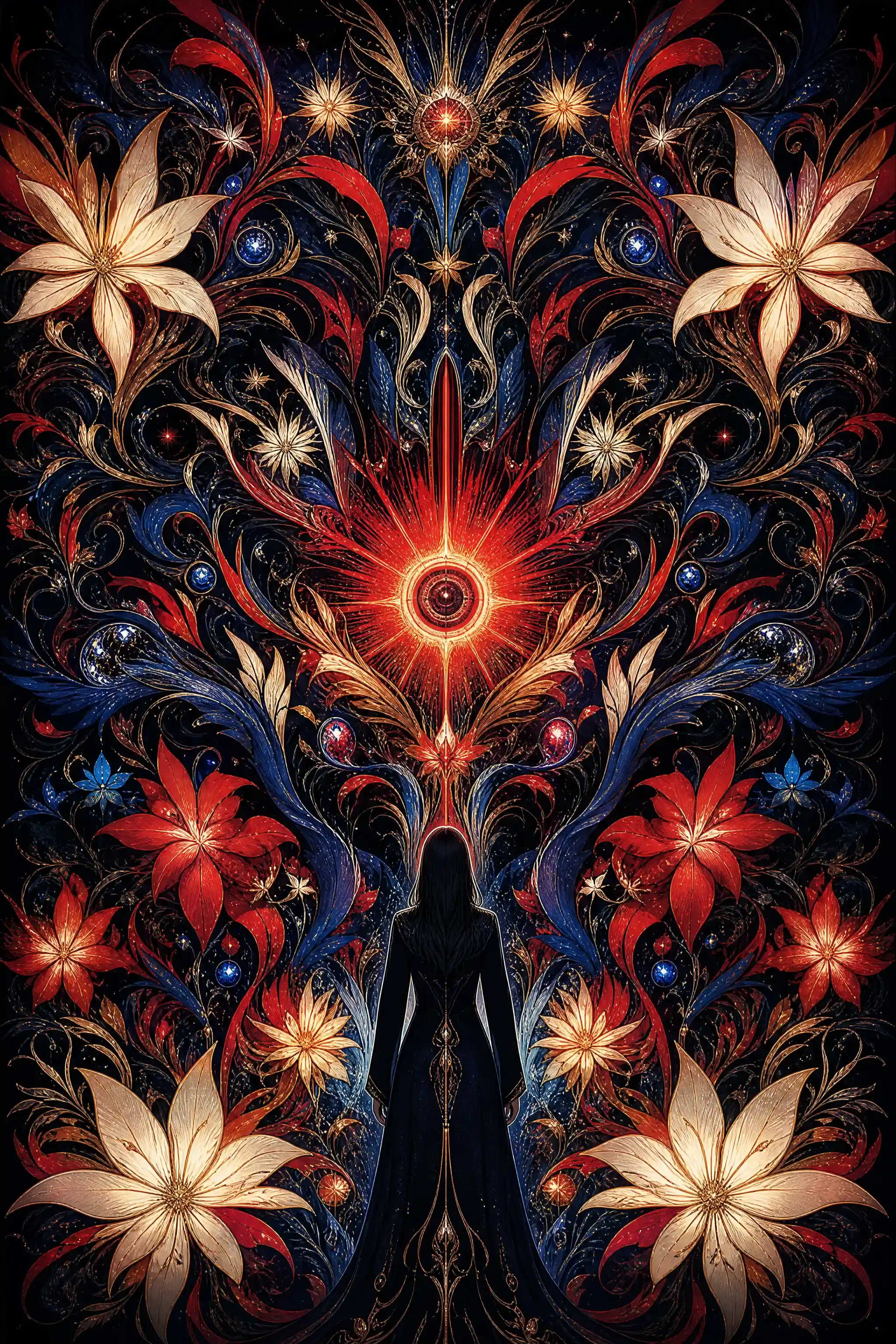 Fantasy woman before a celestial floral mandala sun