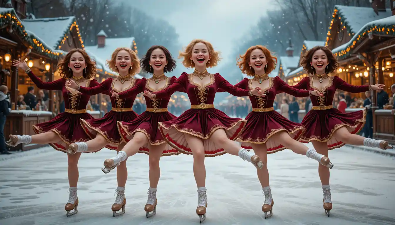 Young skaters kicking in unison at a festive winter market