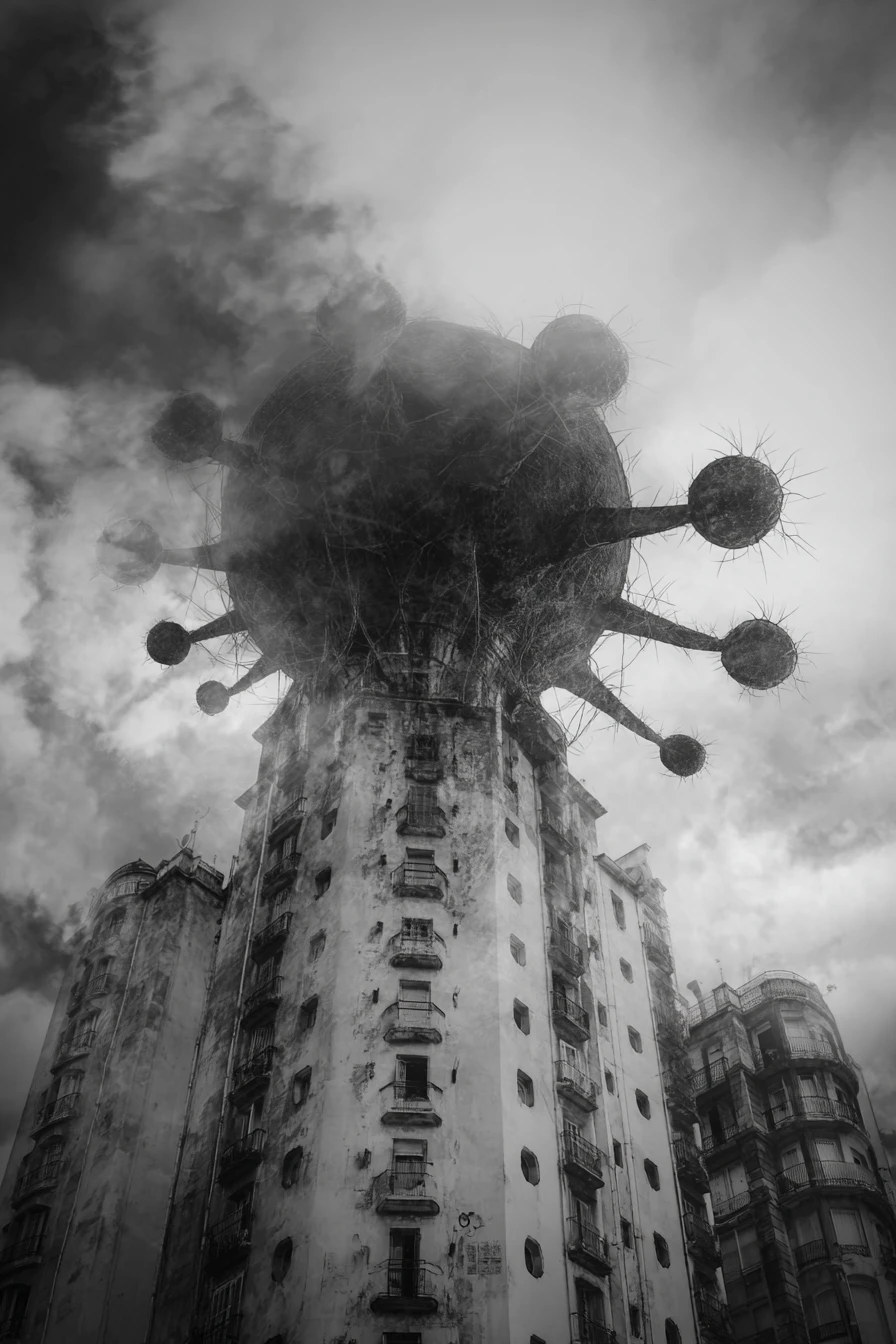 Surreal ink drawing of buildings and unsettling food forms