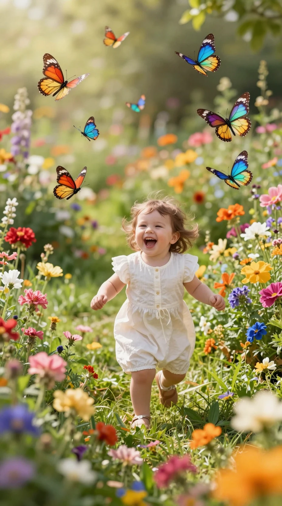 Niño pequeño jugando con mariposas en un exuberante jardín de flores