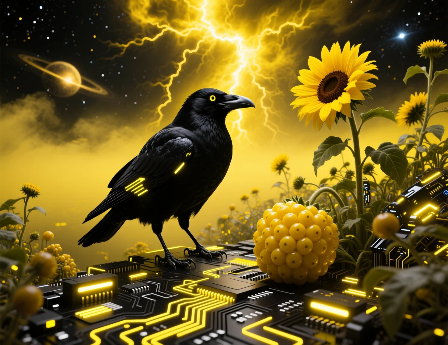 Futuristic black crow among glowing yellow flowers