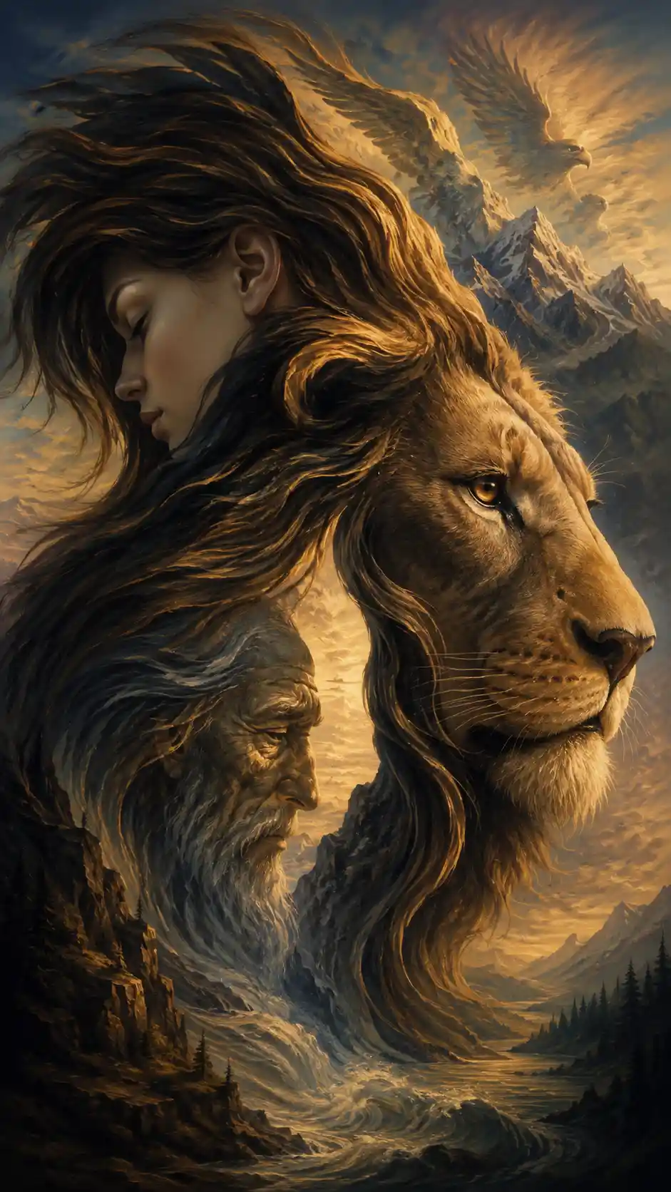 Surreal lion illusion merging faces hair and mountains