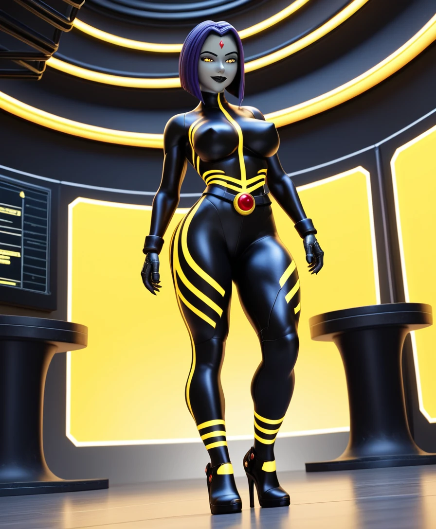 Giant cybernetic woman with glowing yellow eyes and crown