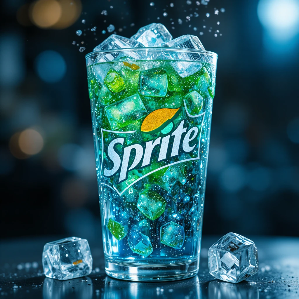 Clear soda with ice in a fancy cup floating in space
