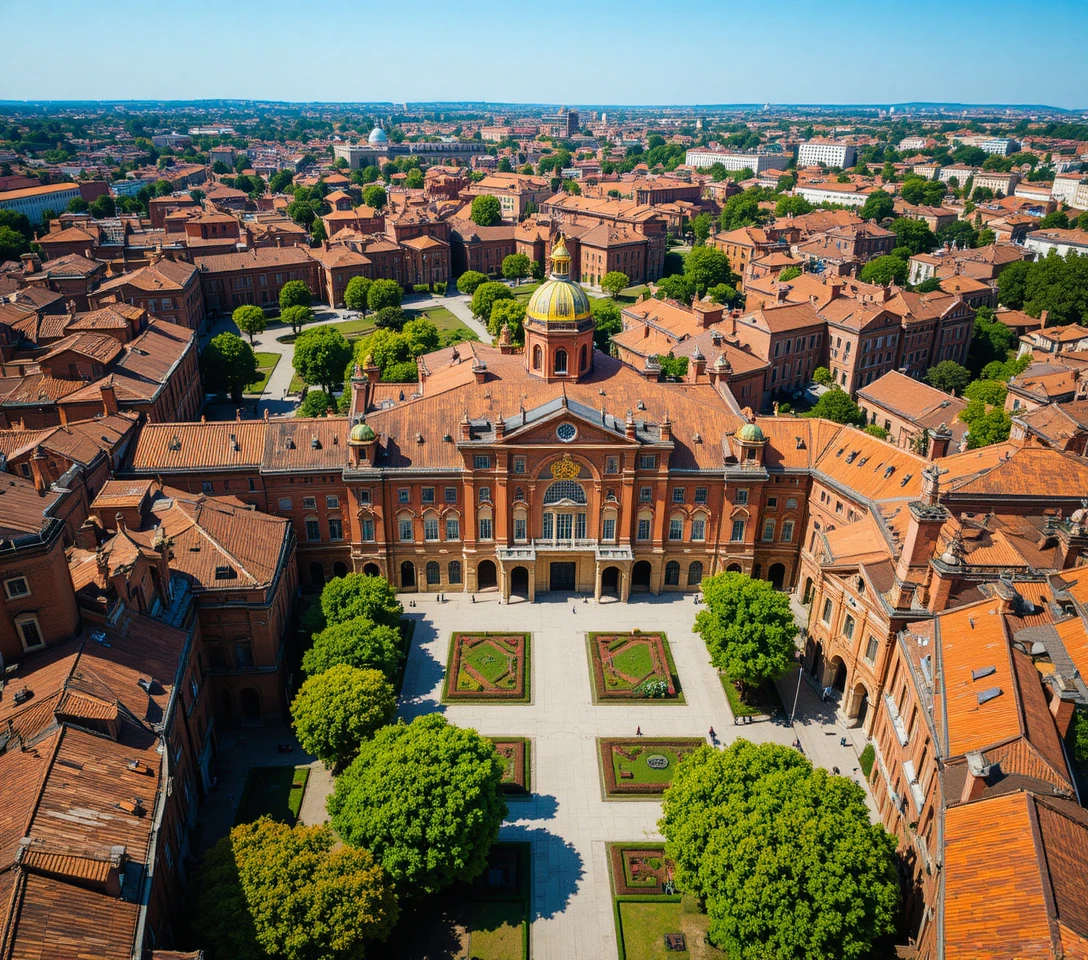 Aerial view of ornate red brick historic building complex