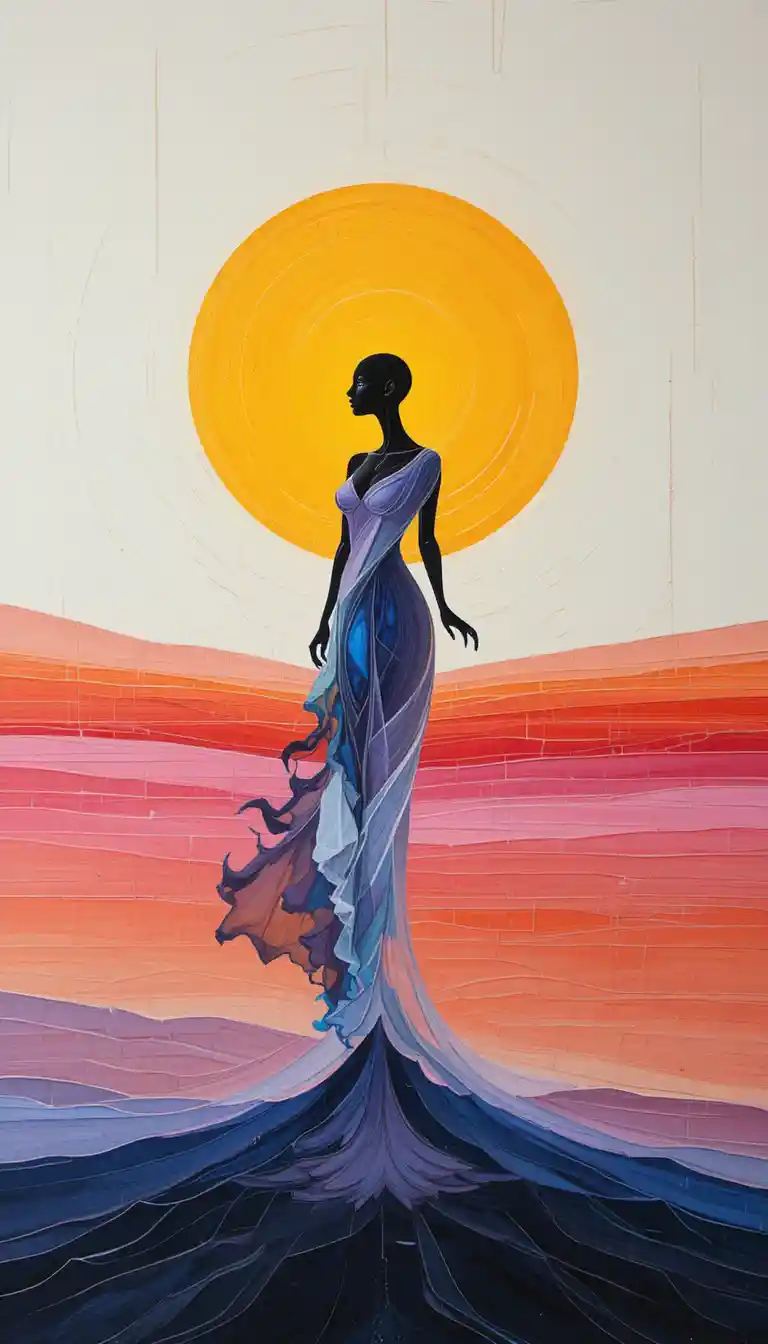 Abstract woman fused with linear horizon sunset landscape