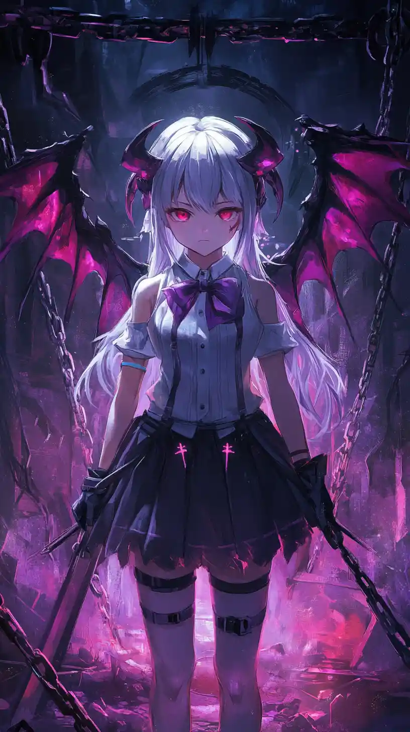 Serious anime girl with glowing wings and spear
