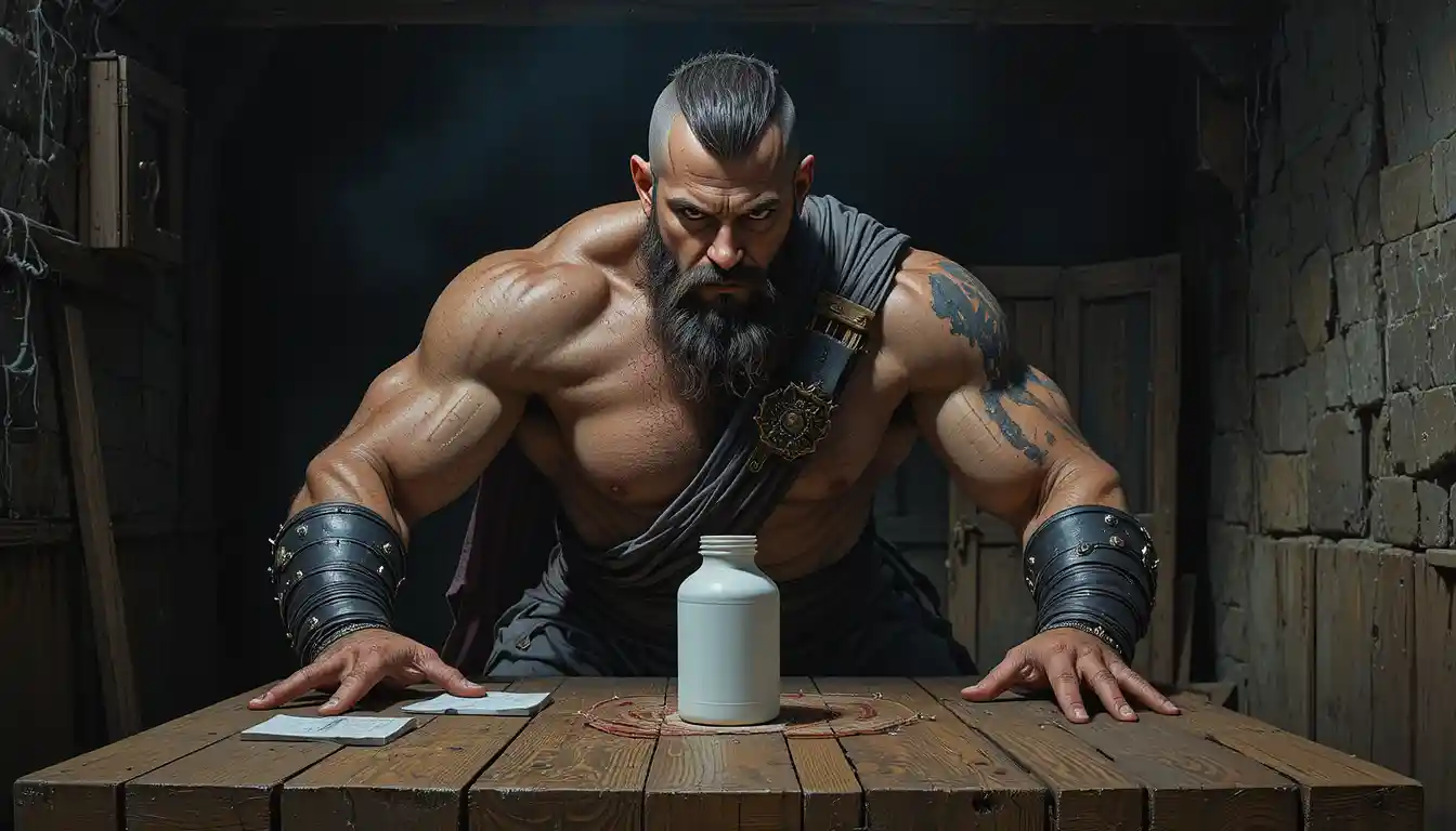 Battle scarred warrior hesitates over pills at wooden table