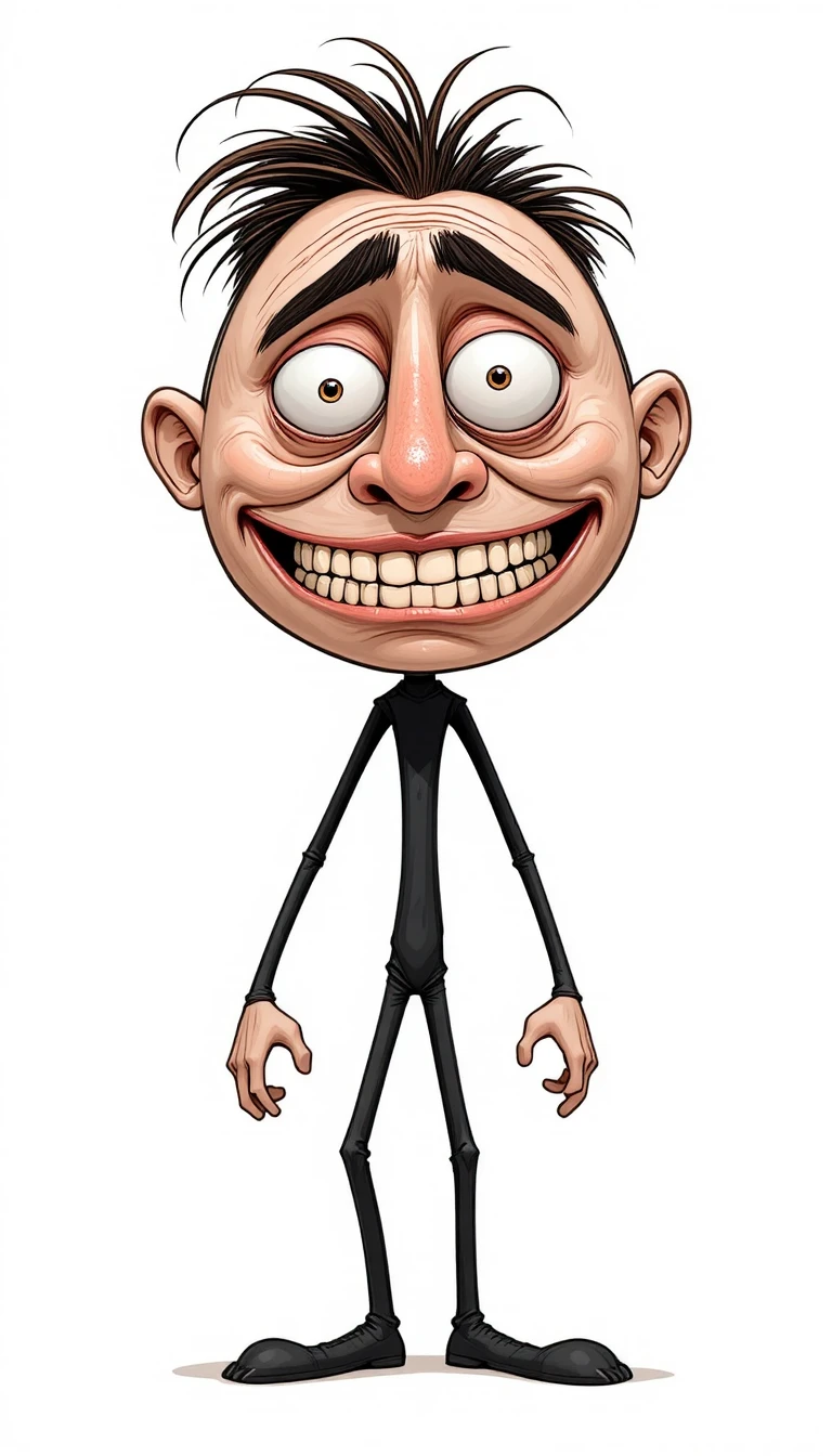 Goofy stick figure mascot with huge asymmetrical cartoon head