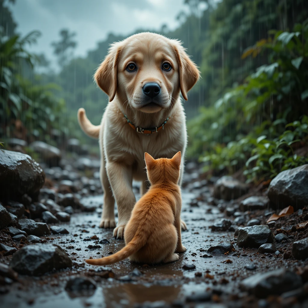 Wet kitten and puppy meeting on a rainy forest path