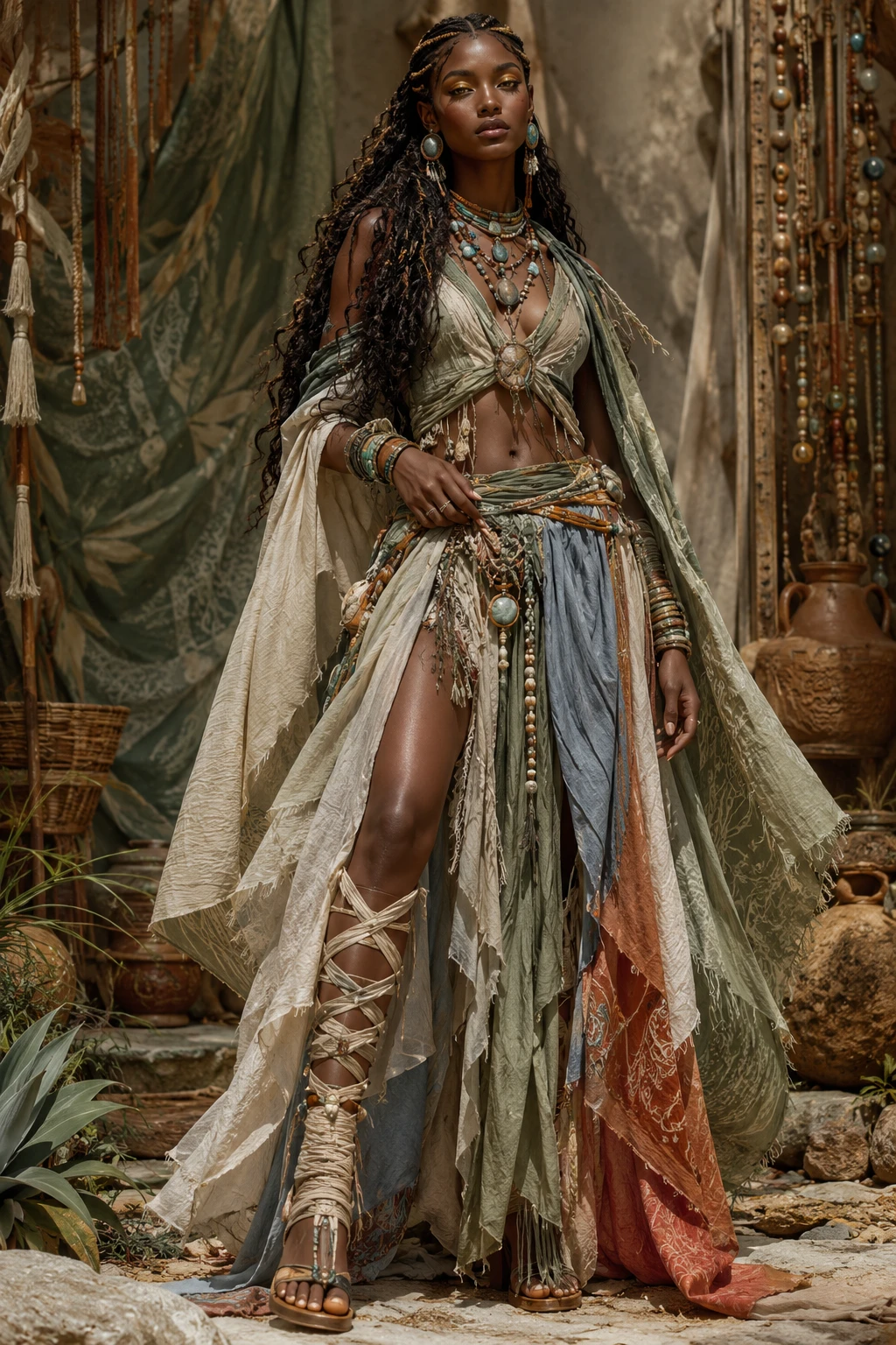 Elegant fashion illustration of a woman in earth toned couture