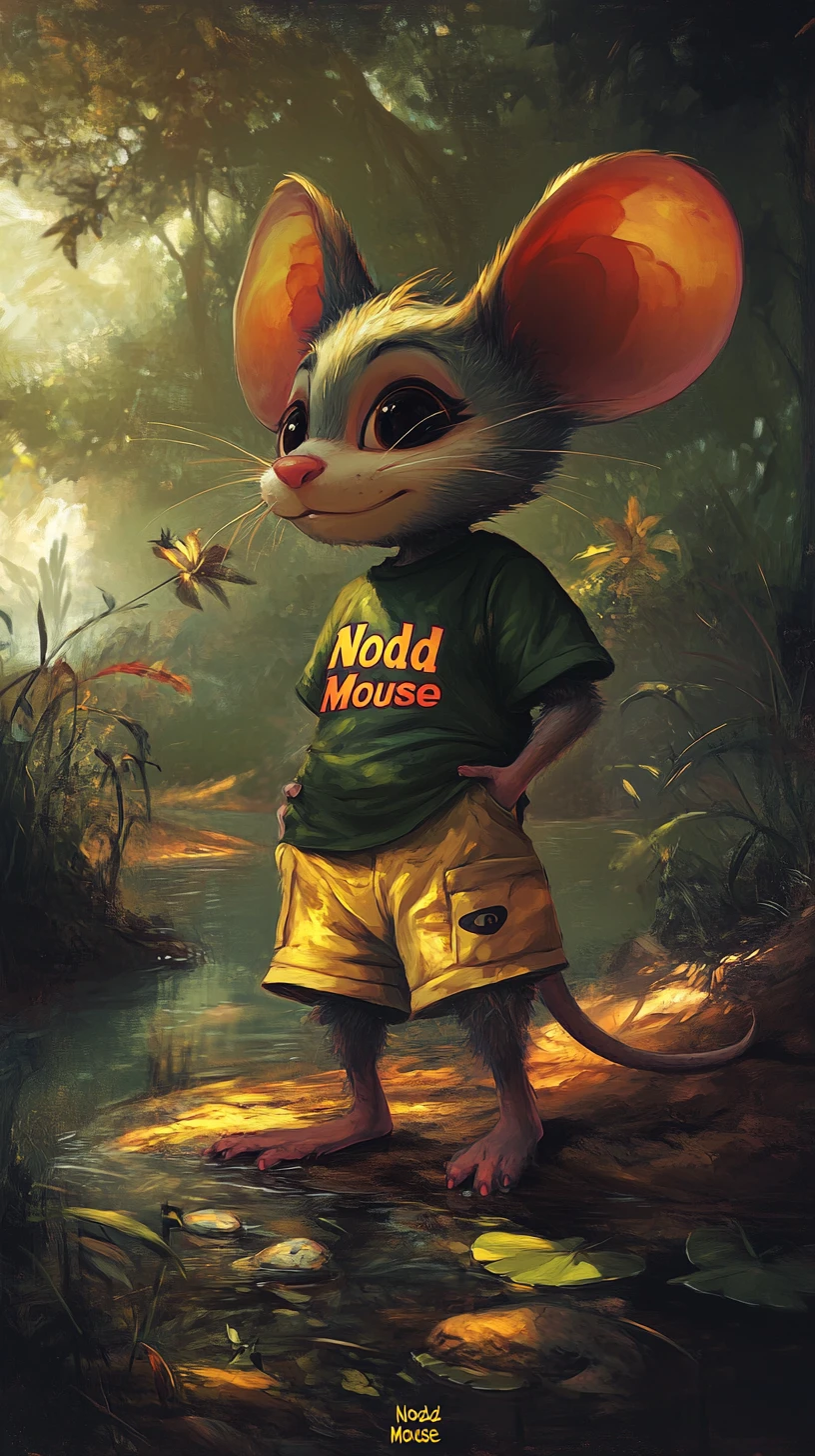 Anthropomorphic mouse walking through a colorful outdoor landscape