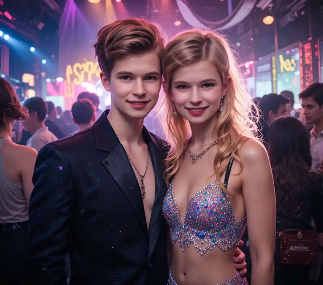 Smiling young couple posing in a colorful disco