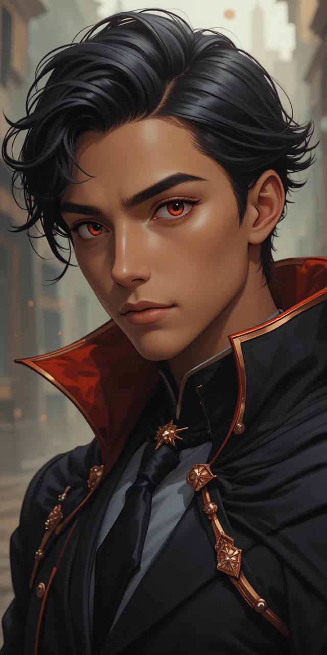 Demonic anime prince with red eyes and elegant dark coat