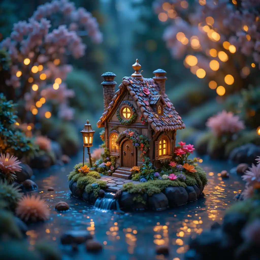 Tiny fairy house floating on water in miniature wonderland