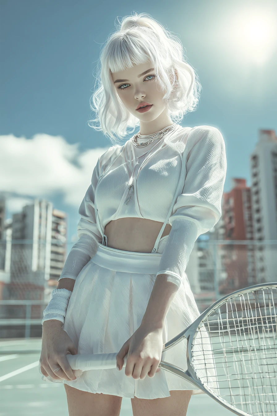 White haired girl playing tennis on urban court