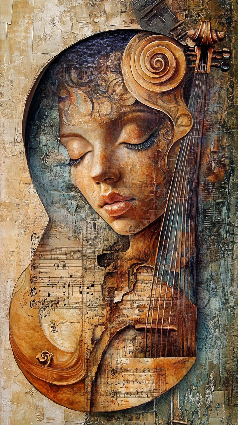 Musical instruments and notes forming a surreal flowing world