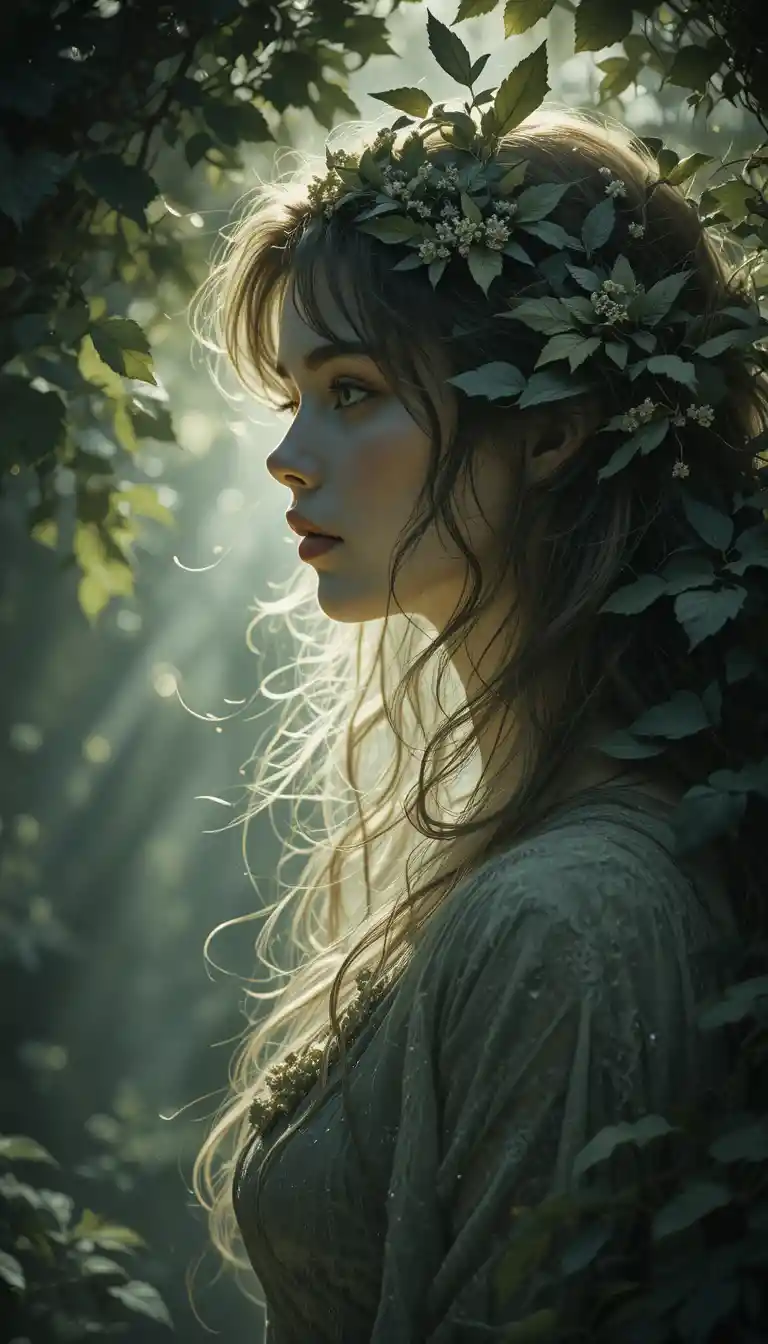 Woman profile in dappled sunlight behind dark green leaves